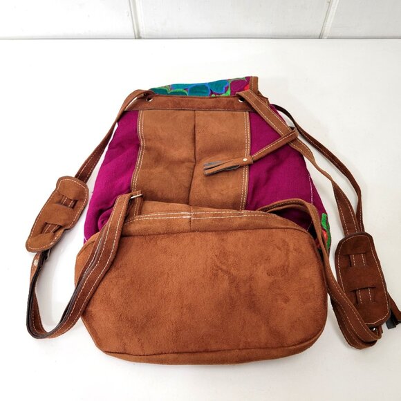 Handcrafted Floral Embroidered Cotton & Faux Suede Backpack - Picture 2 of 9